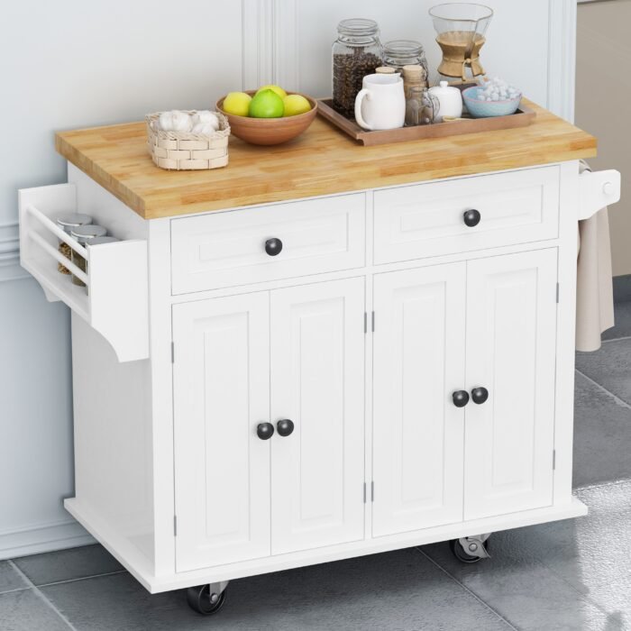 Kitchen Island Cart with Two Locking Wheels and Two Drawers Spice Rack - Image 6
