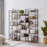 Triple Wide 5-shelf Bookshelves Industrial Retro Wooden Style, Rustic Brown