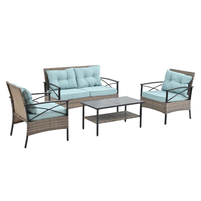 Patio Seasonal Outdoor Wicker Furniture Set with Black Metal Table - Image 3