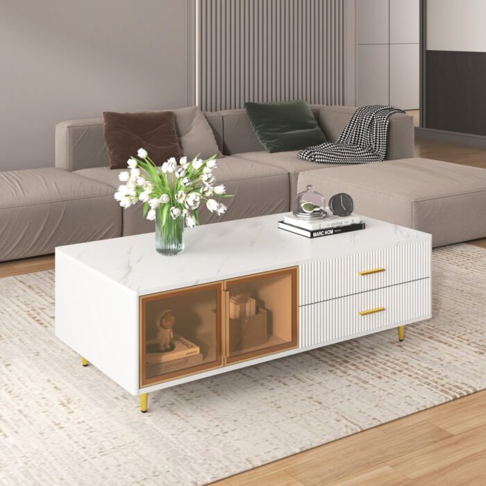 White Coffee Table with 2 Glass Door Storage and 4 Drawers and Gold Metal Legs - Image 2