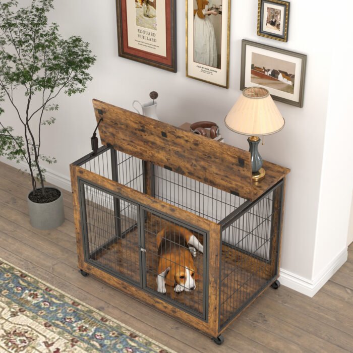 Furniture Dog Cage with Double Doors, Rustic Brown - Image 5