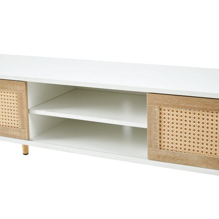 Rattan TV cabinet with double sliding doors and adjustable shelfs and solid wooden legs, White - Image 11