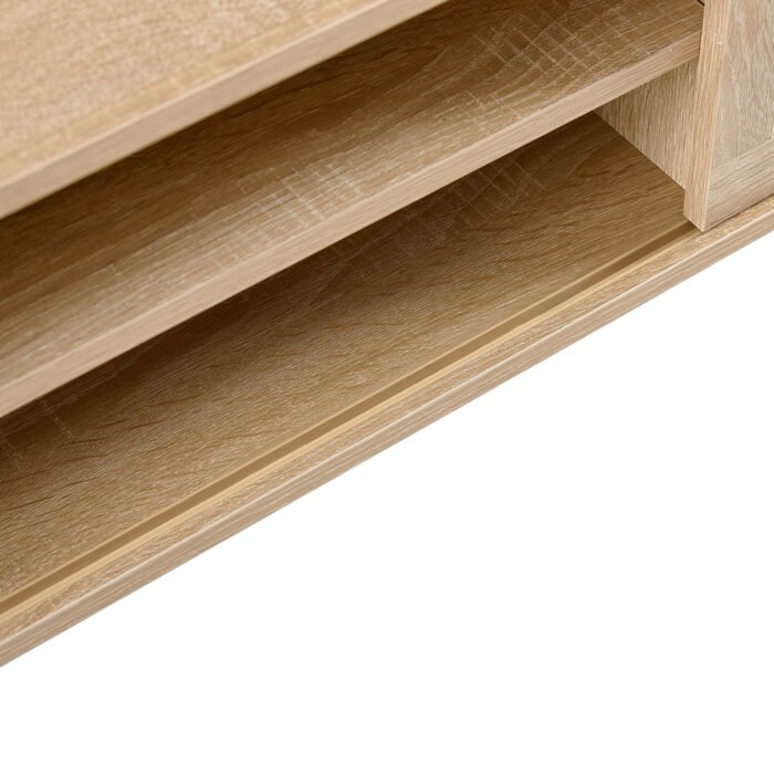 Rattan TV cabinet with double sliding doors and adjustable shelfs and solid wooden legs, Natural - Image 16