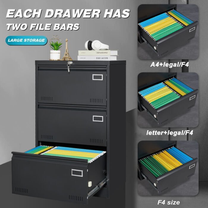 Filing Cabinet with 3 Drawer and Locking, Black - Image 7