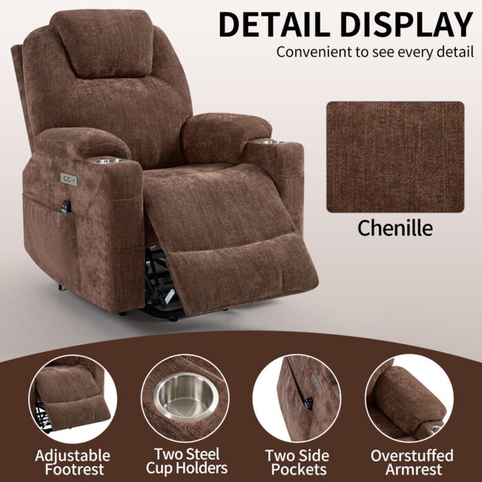 Okin motor Up to 350 LBS Chenille Power Lift Recliner Chair Brown - Image 11