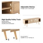 Rattan TV cabinet with double sliding doors and adjustable shelfs and solid wooden legs, Natural - Image 14