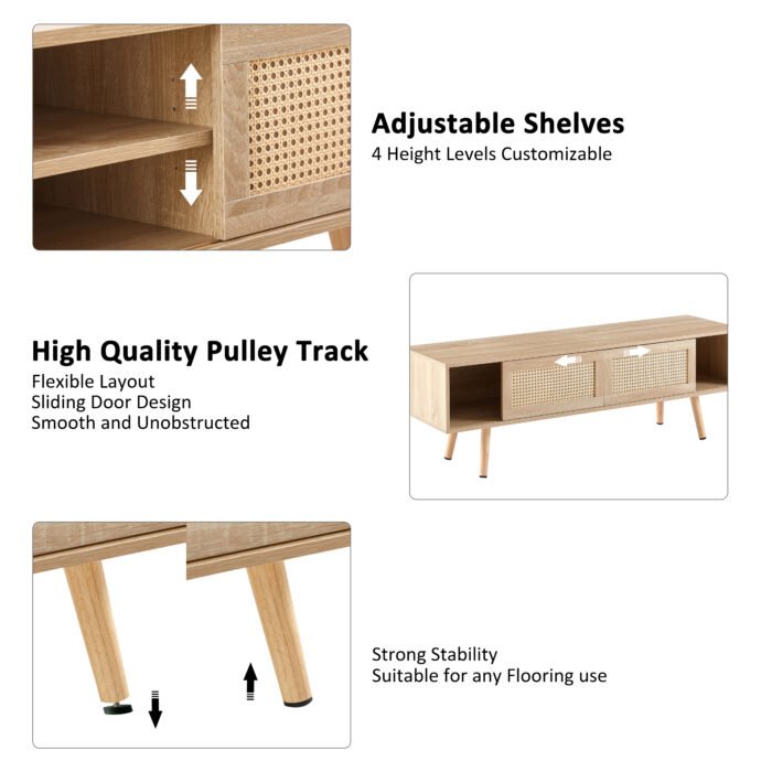 Rattan TV cabinet with double sliding doors and adjustable shelfs and solid wooden legs, Natural - Image 14