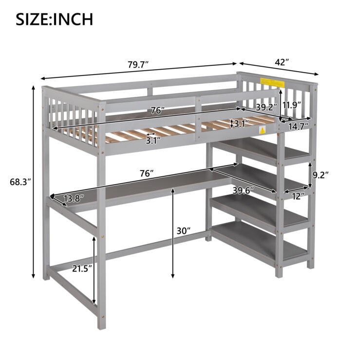 Twin Size Loft Bed with Storage Shelves and Under-bed Desk Gray - Image 11