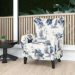 Modern retro printed fabric cushioned club armchair with white and blue patterned