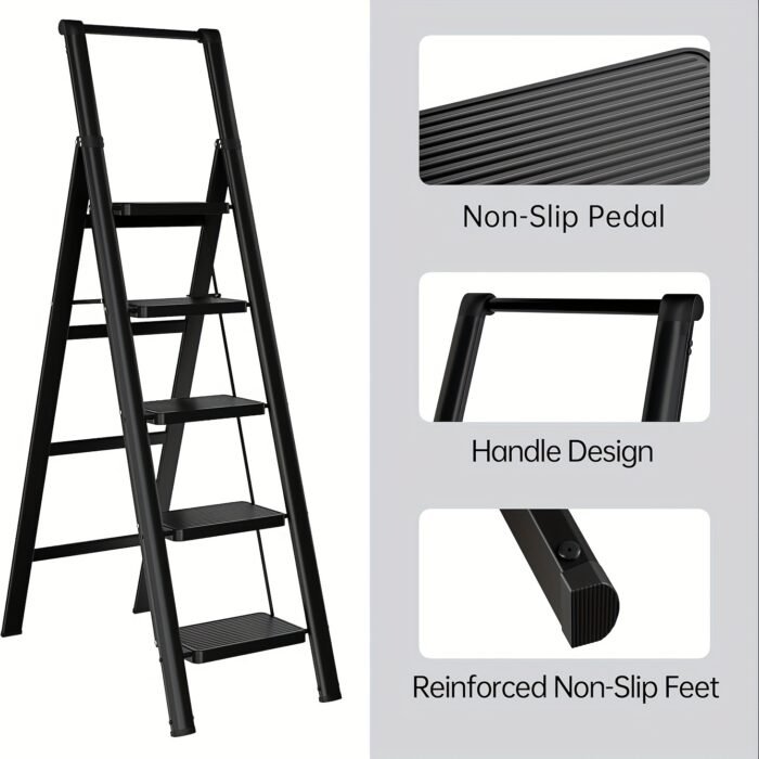 5-step folding lightweight ladder with anti slip wide pedals and easy to carry handle - Image 3