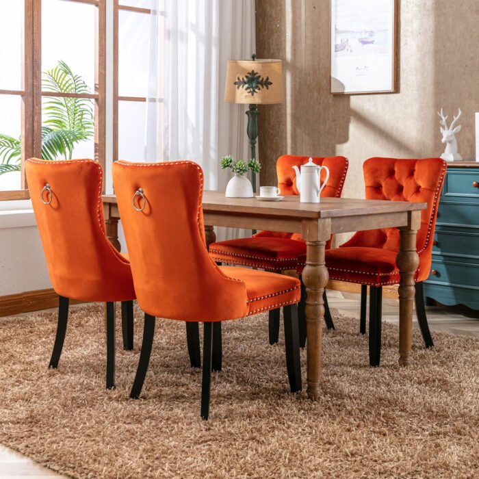 Tufted Solid Wood Contemporary Velvet Upholstered Dining Chairs (2-Pcs Set) Orange - Image 4