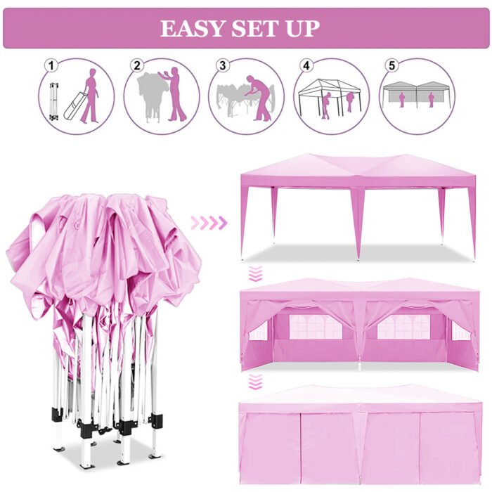 10×20 portable Folding Canopy with 6 detachable side walls with UPF 50+, Pink - Image 7