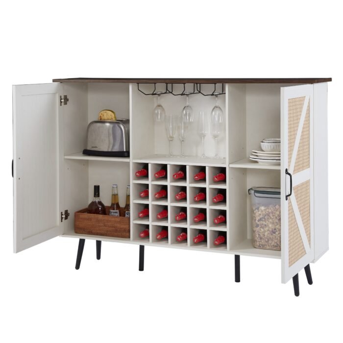 Faux Rattan Barn Door Wine Cabinet with Wine Glass Rack and Double Door, White - Image 8