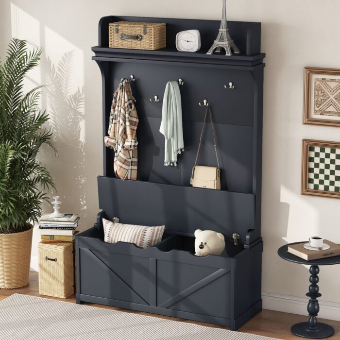 Hall tree with storage desk with drawers and 5 hooks, dark blue - Image 2
