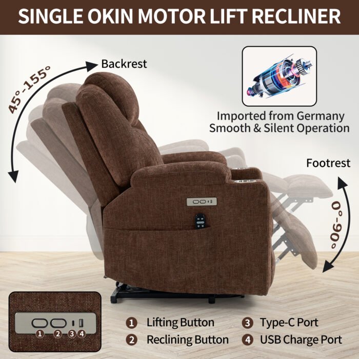 Okin motor Up to 350 LBS Chenille Power Lift Recliner Chair Brown - Image 6