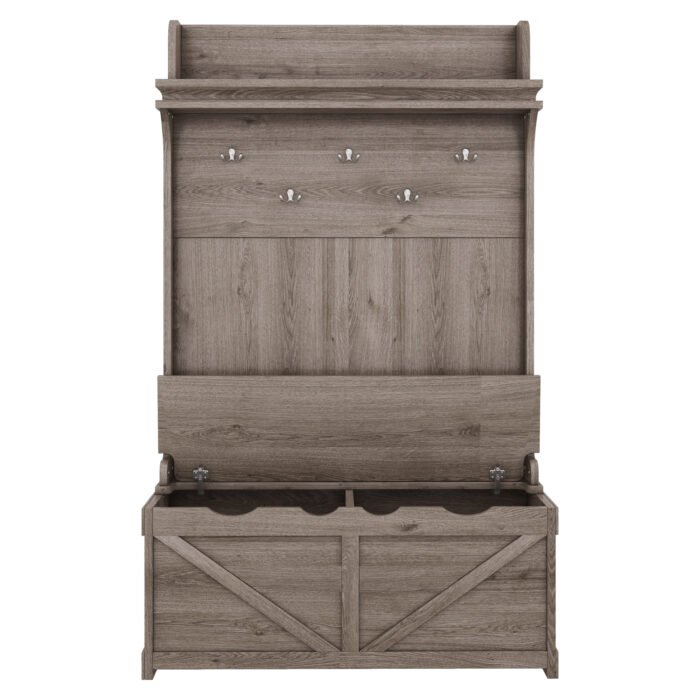 Hall tree with storage desk with drawers and 5 hooks, Oak - Image 7