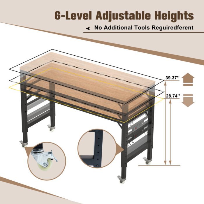 60 inch adjustable wooden and metal heavy-duty garage workbench with power socket and wheels - Image 3