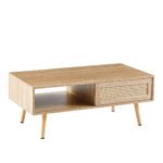Rattan Coffee table sliding door with storage and solid wood legs - Image 10