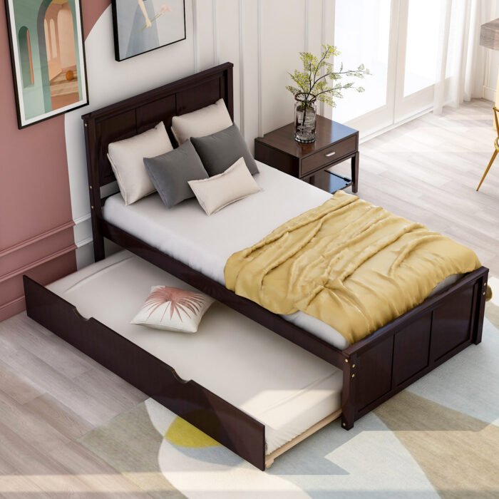 Twin Size Platform Bed with Trundle, Brown - Image 2