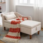 Chaise Lounge Velvet with Storage and Pillow and Arms, White - Image 5