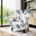 Modern retro printed fabric cushioned club armchair with white and blue patterned - Image 3