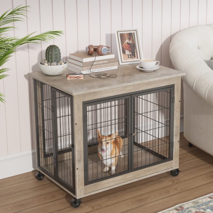 Furniture Dog Cage with Double Doors Grey - Image 3