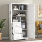 Tall and Wide Storage Cabinet with Doors for Bathroom/Office, Three Drawers, White - Image 2