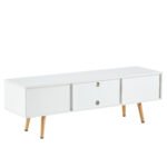 Rattan TV cabinet with double sliding doors and adjustable shelfs and solid wooden legs, White - Image 17