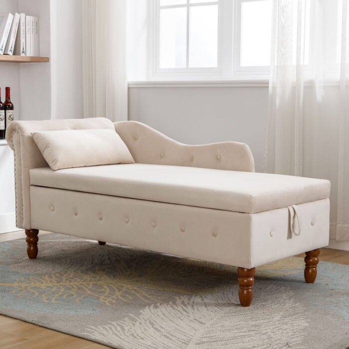 Chaise Lounge Velvet with Storage and Pillow and Arms, White - Image 2