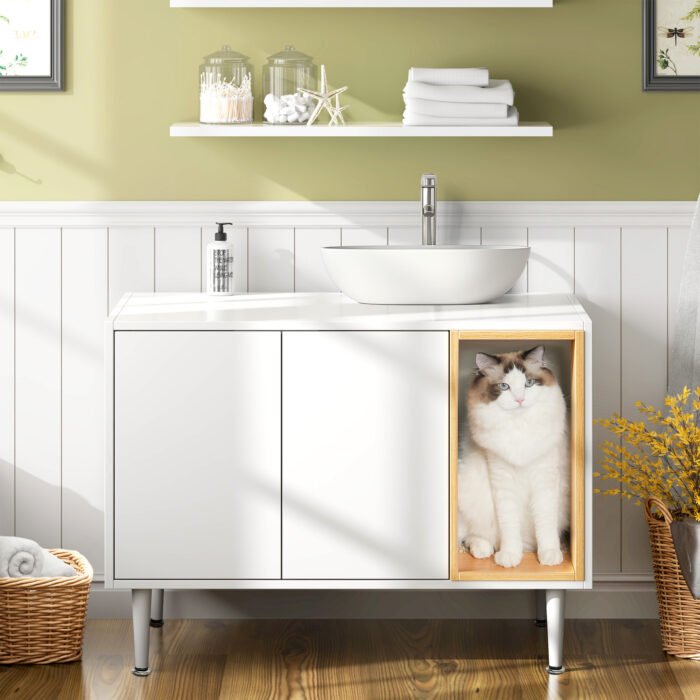 Bathroom sink cabinet with cat trash can shell and hidden garbage pet bathroom - Image 2