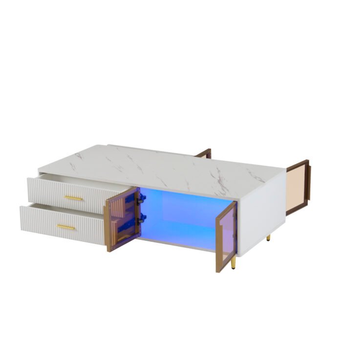 White Coffee Table with 2 Glass Door Storage and 4 Drawers and Gold Metal Legs - Image 12