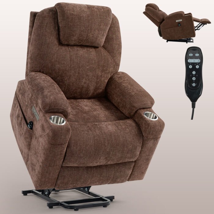 Okin motor Up to 350 LBS Chenille Power Lift Recliner Chair Brown - Image 3