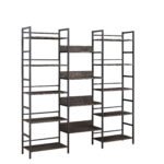 Triple Wide 5-shelf Bookshelves Industrial Retro Wooden Style, Dark Grey - Image 5