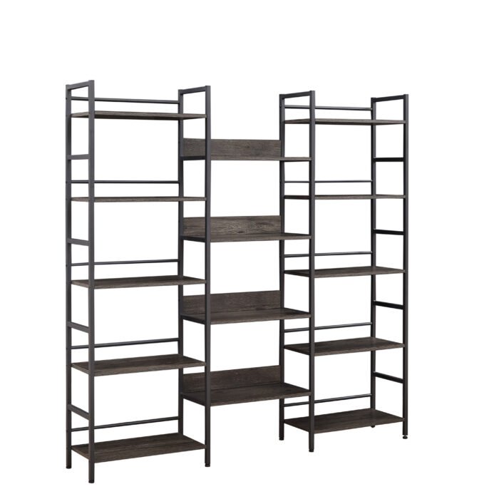 Triple Wide 5-shelf Bookshelves Industrial Retro Wooden Style, Dark Grey - Image 5