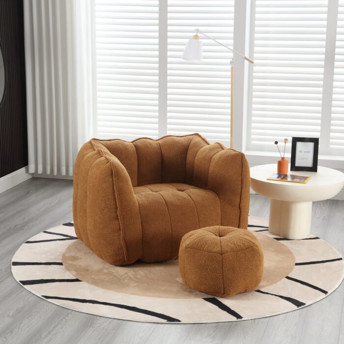 Soft Bean Bag Chair with High Resilient Foam with Footstool, Brown - Image 2