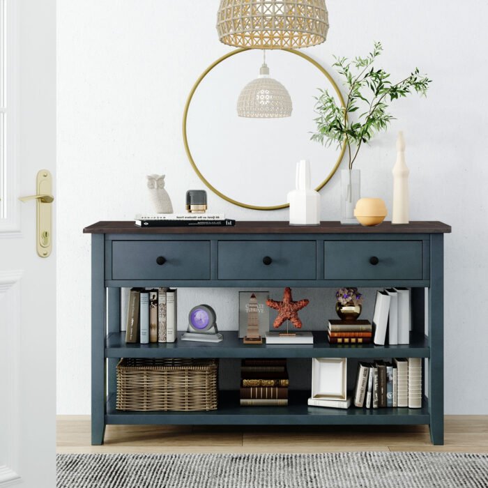 Retro Design Console Table with Two Open Shelves (Navy) - Image 3