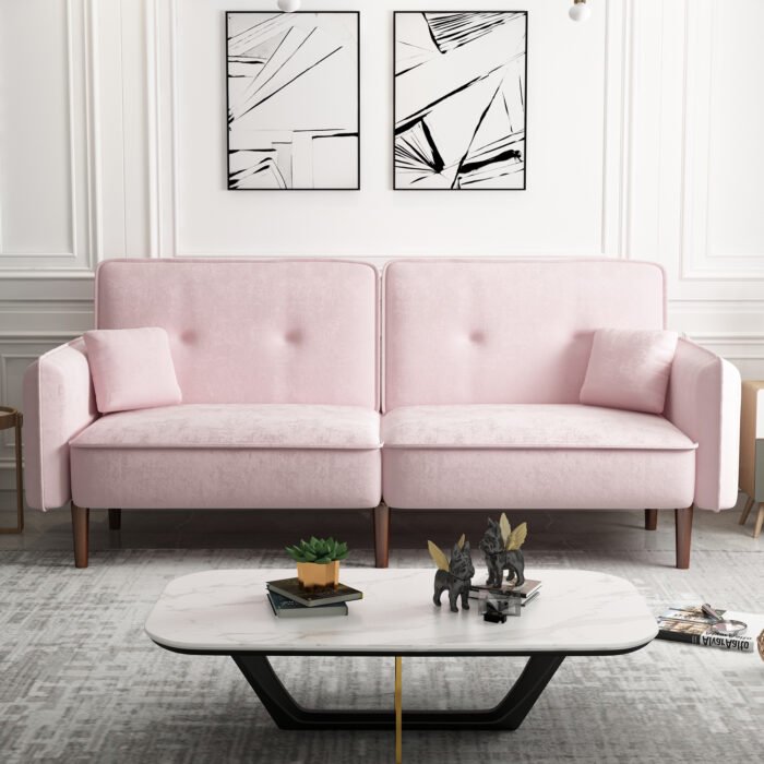Convertible Sofa Bed with Wood Legs in Velvet (Pink) - Image 4