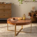 Modern Retro Splicing Round Coffee Table Fir Wood Table Top with Gold Cross Legs Base - Image 3