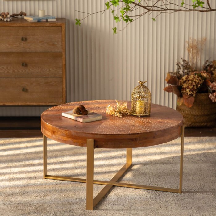 Modern Retro Splicing Round Coffee Table Fir Wood Table Top with Gold Cross Legs Base - Image 3