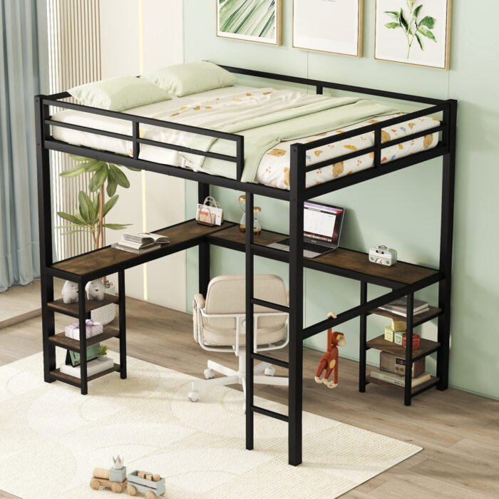Full Size Metal Loft Bed with Desk, Shelves, Ladder and Guardrails, Black - Image 3