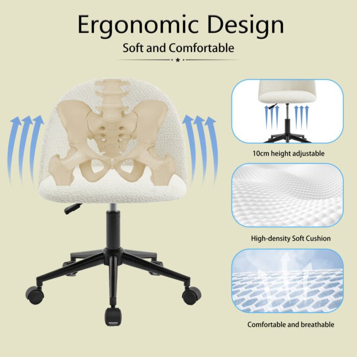 Velvet fabric adjustable rotating office chair with mid back, White - Image 5