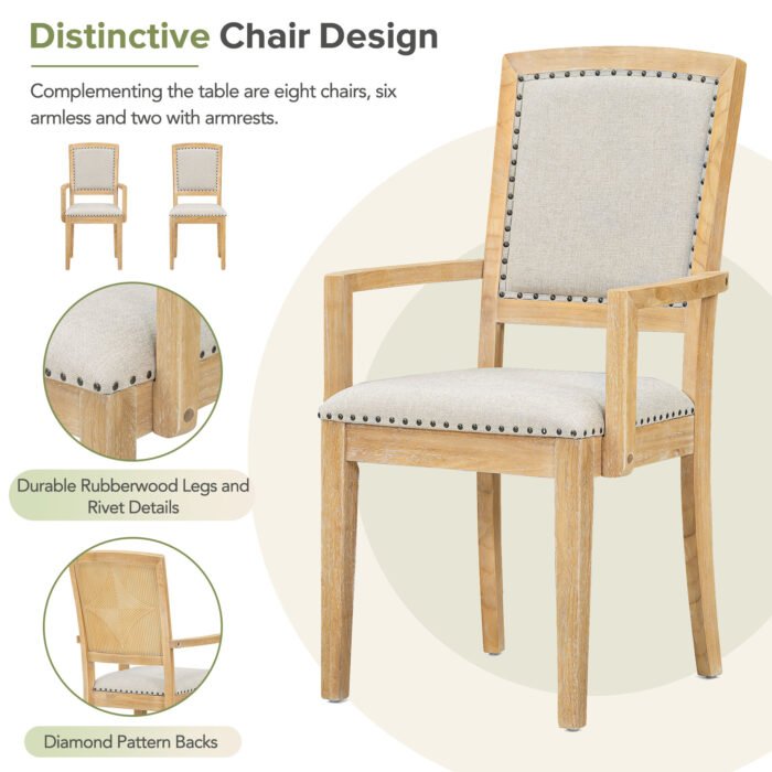 TOPMAX expandable dining table 9 pieces set with detachable leaves and 6 armless chairs and 2 armchairs - Image 3