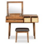 Wooden vanity set with flip mirror and stool with three drawers and storage space - Image 5