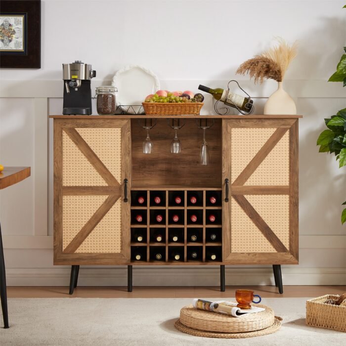 Faux Rattan Barn Door Wine Cabinet with Wine Glass Rack and Double Door Design - Image 5
