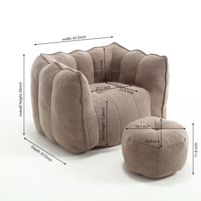 Soft Bean Bag Chair with High Resilient Foam with Footstool, Light Gray - Image 7