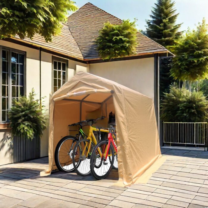 7×8 FT Gazebo Portable Storage Shelter Shed with 2 Roll up Zipper Doors and Vents Carport, Beige - Image 4