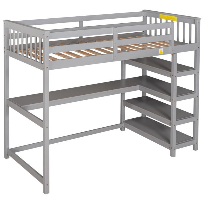 Twin Size Loft Bed with Storage Shelves and Under-bed Desk Gray - Image 3