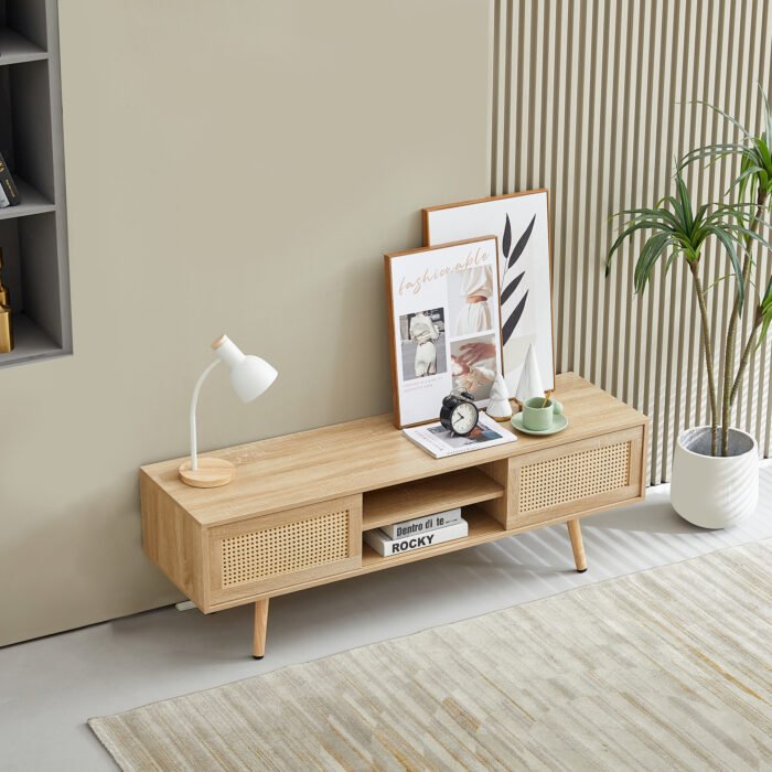 Rattan TV cabinet with double sliding doors and adjustable shelfs and solid wooden legs, Natural - Image 3