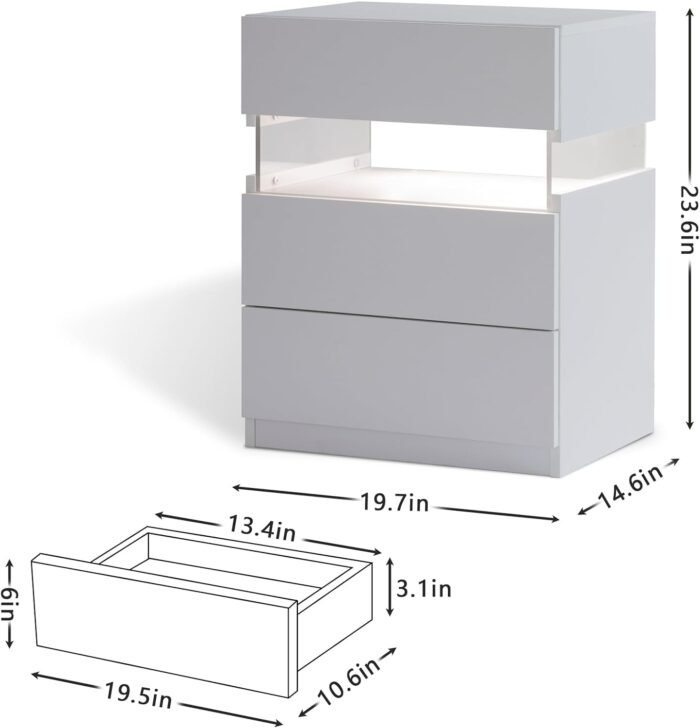 Nightstand with three drawers acrylic board furniture, White - Image 5