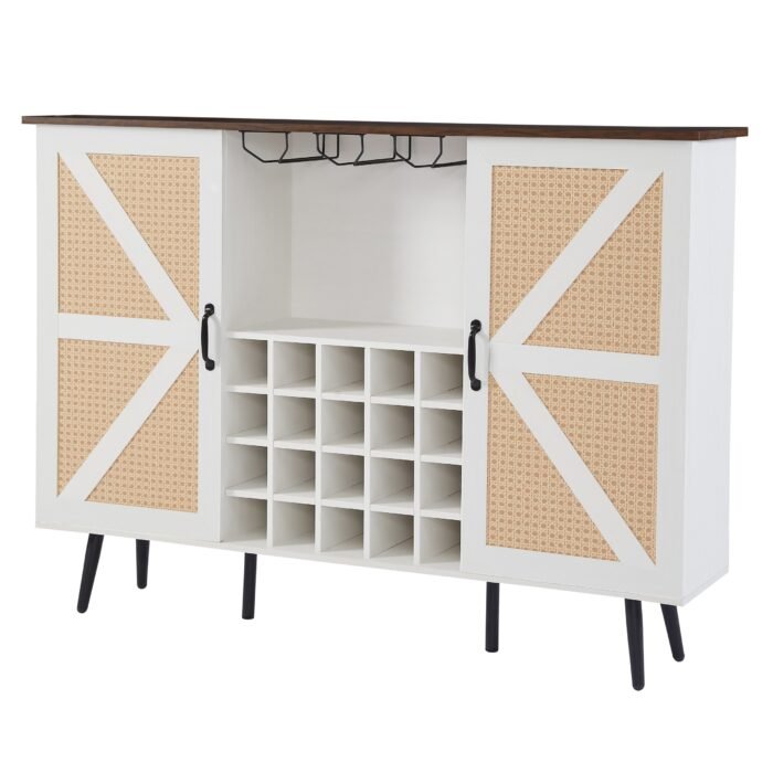 Faux Rattan Barn Door Wine Cabinet with Wine Glass Rack and Double Door, White - Image 7